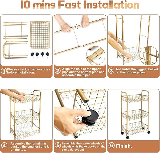 3 Tier Mesh Rolling Utility Cart, Gold Metal Organization Cart with Lockable Wheels, Multifunctional Storage Trolley Service Cart for Kitchen Living Room Office Salon
