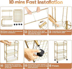 3 Tier Mesh Rolling Utility Cart, Gold Metal Organization Cart with Lockable Wheels, Multifunctional Storage Trolley Service Cart for Kitchen Living Room Office Salon