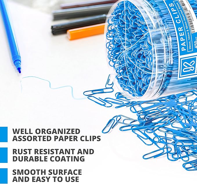 450 Blue Color Paper Clips Assorted Sizes Small, Medium and Large Paper Clips for Paperwork Ideal for Home, School and Office Use (Assorted, Blue)