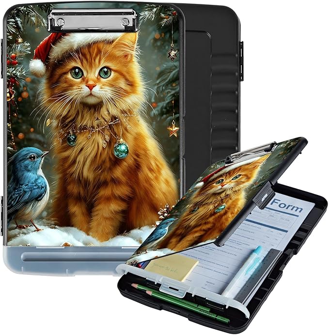 Clipboard with Storage Box & Pen Holder,Heavy Duty Clip Boards 8.5x11 for Nursing,High Capacity,School & Office Supplies,Christmas Cat Bird