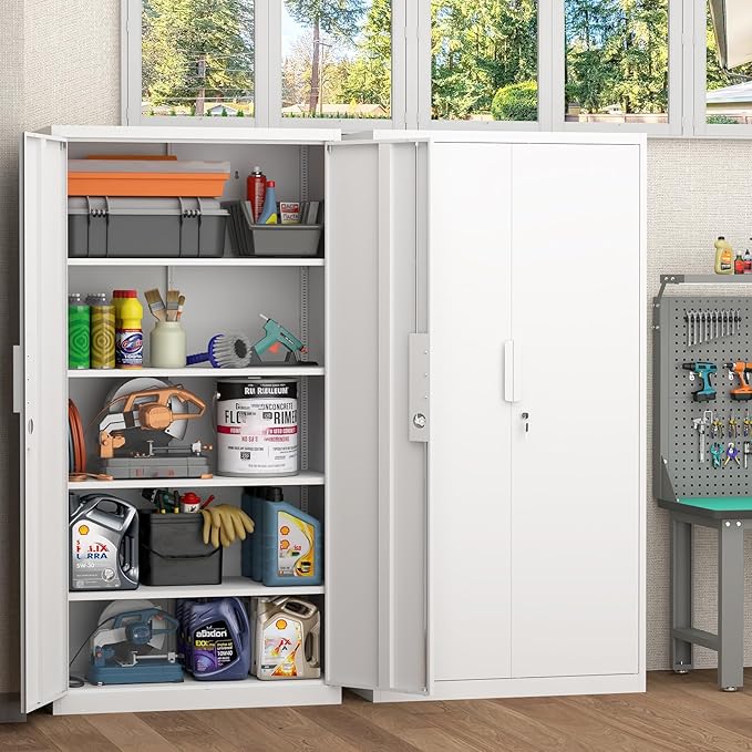 Metal Garage Storage Cabinet,72" Locking Tool Cabinet with Doors and 4 Shelves,Tall Metal Cabinets with Garage Storage Systems for Home Office,School,White