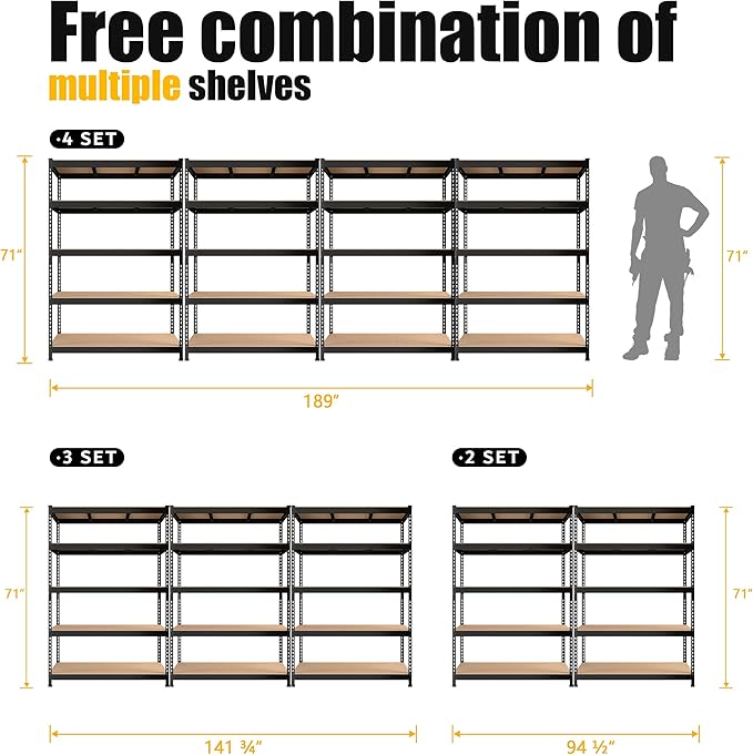 PrimeZone 48" x 24" x 72" Heavy Duty 5 Tier Adjustable Garage Storage Shelving, Metal Utility Rack Shelf Unit for Warehouse Pantry Closet Kitchen, Black, 6 Pack