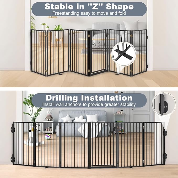 Metal Freestanding Dog Gates with Door for Outdoor Indoor,120'' Extra Wide 32'' Tall Free Standing Dog Gate for Doorways,Large Openings,Deck,Yard,Porch,Foldable Pet Fence(Black,6 Panels)