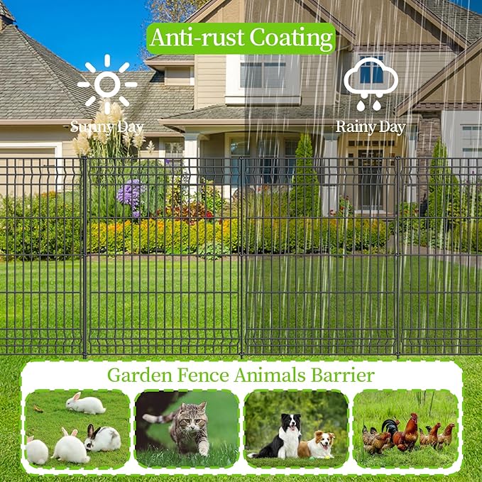 No Dig Fence Outdoor Dog Fences,Total 44" H x 288" W Decorative Metal Garden Fence with Gate,Garden Fence Animal Barrier,Garden Fencing for Yard Rustproof