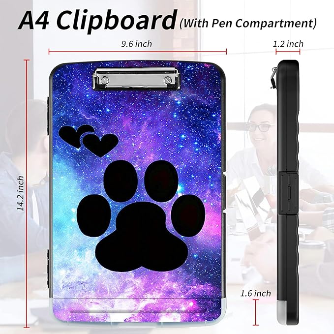 File Clipboard Storage with Pen Holder High Capacity Plastic Nursing Clipboards File Folder Storage Box Clipboard with Heavy Duty Clips for Teacher,Doctor,Offices-Dog Paw Print