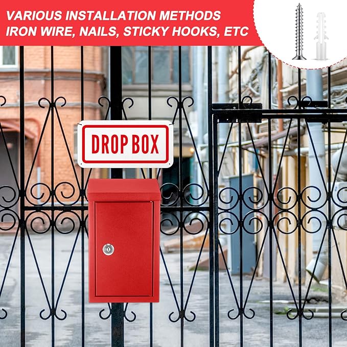 Metal Mount Wall Donation Box Key Lock Money Cash Drop Box with Top Slot and 2 Pcs Reflective Sign 10 x 5.5 x 3 Inch Safe Lock Mailbox with 2 Keys for Outside Office Business Home(Red)