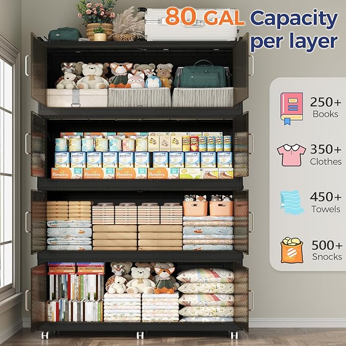 320Gal Extra Large Stackable Storage Bins with Lid, 1280Qt Collapsible Storage Box with Wheels, Closet Organizers and Storage Cabinet Container for Home, Kitchen, Office, Bedroom, 4Pack Black