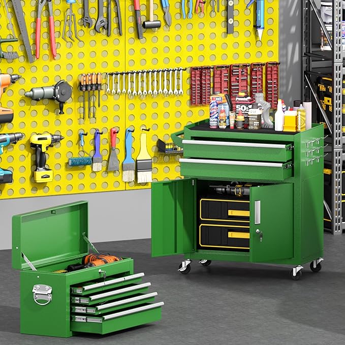 Greenvelly 8-Drawer Rolling Tool Chest, Metal Tool Chest with Wheels, Tool Cabinet with Detachable Top Tool Box, Metal Tool Cart with Liner & Hooks for Garage, Workshop, Warehouse (Green)