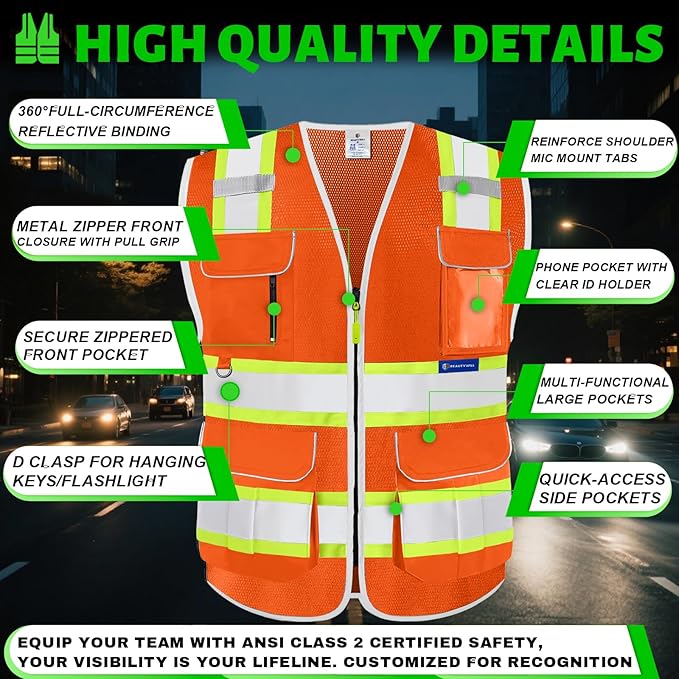 BeautyWill Custom Logo 10 Pockets Safety Vest Class2 ANSI Certified High Visibility Reflective Vest