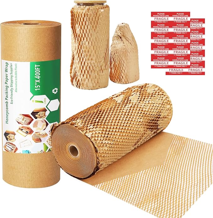 Honeycomb Packing Paper Wrap 15"x400' Sustainable Alternative to Bubble Cushioning Wrap Biodegradable & Fully Recylable for Moving/Shipping/Packing Roll with 20 Fragile Stickers