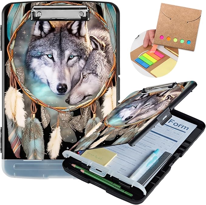 Clipboard with Storage,Heavy Duty Plastic Storage Clipboard with Low Profile Clip,Teacher Must Haves,Office Supplies,Dream Catcher Wolf