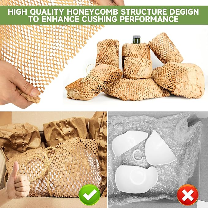 Honeycomb Packing Paper Wrap 15''x20520" (1710 ft), Substitute Alternative for Bubble Cushioning Wrap for Moving Shipping Packaging, Recyclable Moving Supplies with 48 Fragile Sticker Labels