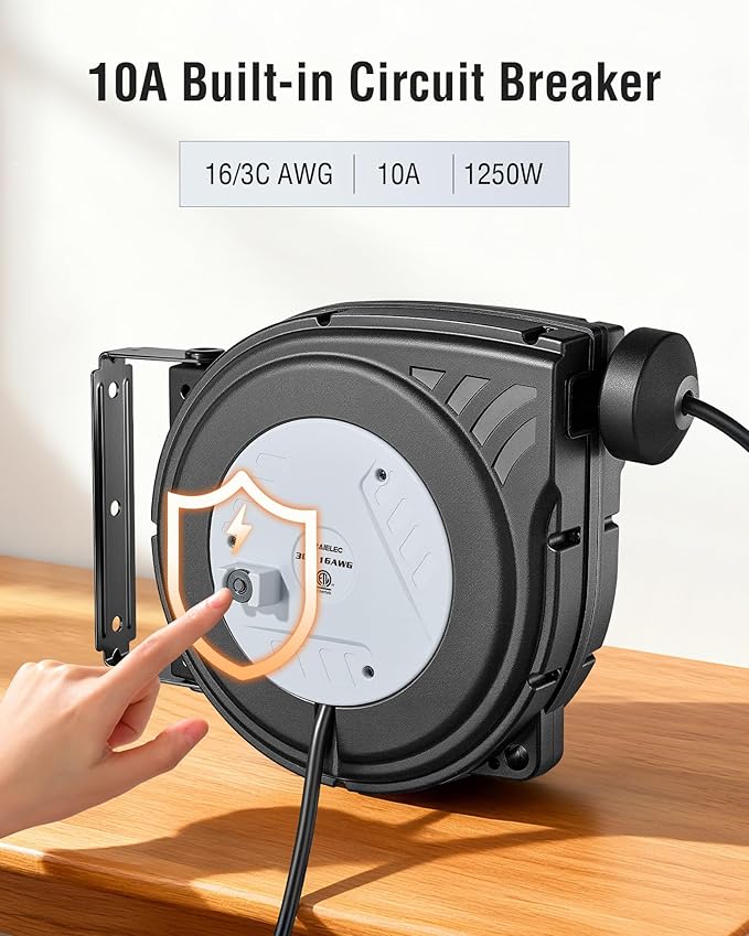 SURAIELEC 30 FT Retractable Extension Cord Reel, 16AWG SJTW Power Cord, Lighted Triple Outlets, 10A Circuit Breaker, Wall/Ceiling Mount for Garage, Workshop, ETL Listed