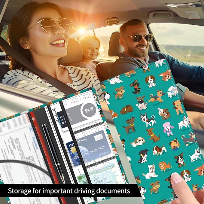 Premium Car Registration and Insurance Card Holder, Cute PU Leather Car Document Holder, Vehicle Glove Box Car Organizer with Magnetic Closure for Driver License, Cards Colorful Cute Dogs