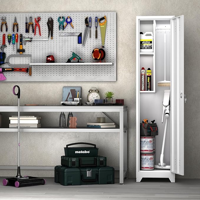 LUCYPAL Broom Closet Storage Cabinet,65" H Metal Cleaning Tool Cabinets with Hooks and Hanging Rods,Slim Utility Closet Cabinet for Garage,Utility Room,Gym,Mops,Kitchen,White