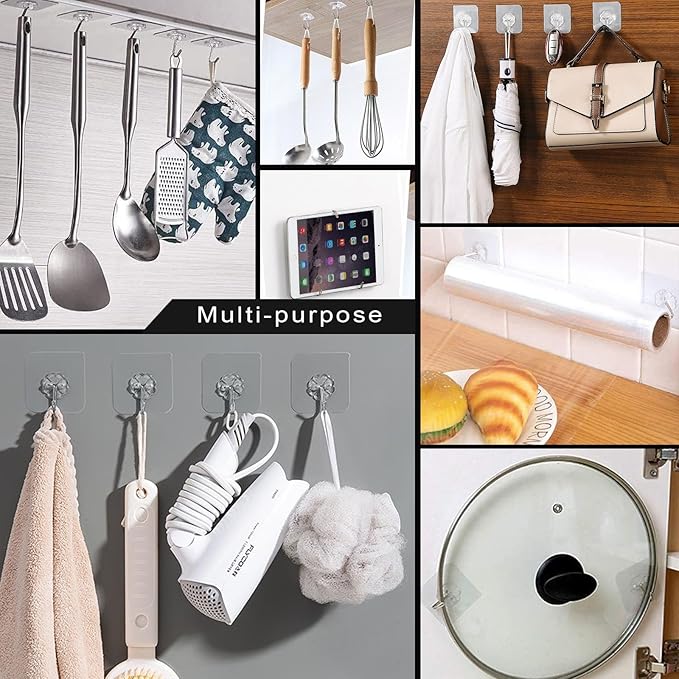 ZESLMG Heavy Duty Sticky Wall Hooks for Hanging, 24 Pack Self Adhesive Hooks 44lb Clear, Removable Large Shower Hook No Damage for Towel Key Coat Picture Wreath Outdoor Bathroom Kitchen, Waterproof