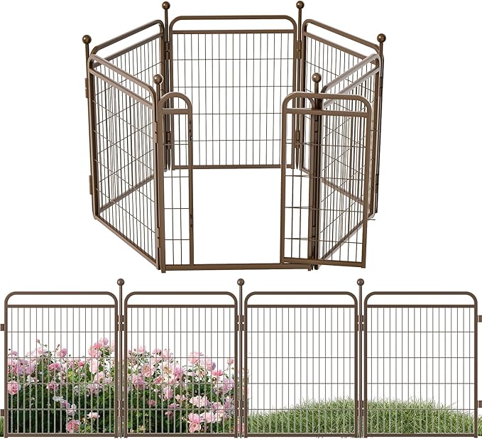 32 in(H) Decorative Garden Fence Outdoor for Yard with Gates,Heavy Duty Iron 6 Panels Total 13ft(L) Anti Dig Fence with Gravity Automatic Lock for Indoor/Outdoor Decorative Dog Fence,Brown
