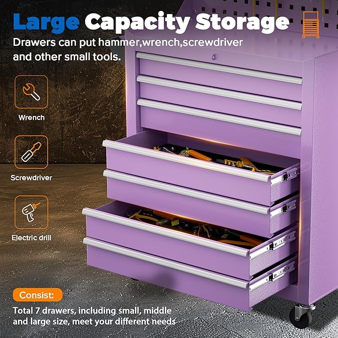 INTERGREAT 7 Drawers Rolling Tool Box with Pegboard,Portable Tool Chest with Wheels, Tool Box Organizer with Locking System for Garage, Purple