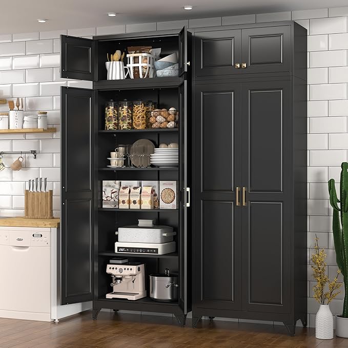 Kitchen Pantry Cabinet, Metal Food Pantry cabinets with Doors and Shelves, 90" Tall Storage Cabinet for Dining, Living Room, Black, 16" D x 32" W x 90" H, Assembly Required