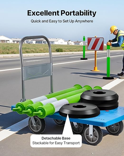 VEVOR 3 Pack Traffic Delineator Posts, 48 inches Traffic Safety Cones with Fillable Base and Reflective Strips, Heavy Duty Delineator Posts for Construction Site, Parking Lot, Crowd Control, Green
