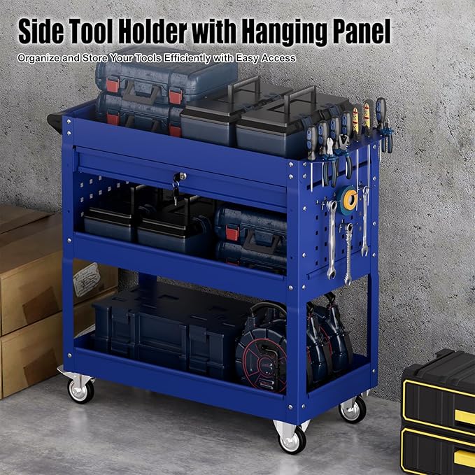 3 Tier Rolling Tool Cart On Wheels, Heavy-Duty Utility cart Service Cart with Locked Drawers for Garage, Warehouse, Repair Shop, Workshop