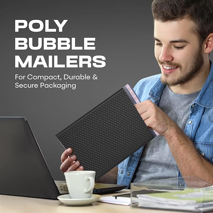 Black 10.5x16 Inch Large Poly Bubble Mailers #5 | Padded Envelopes with Self Seal | Air Lined Cushioned Bubble Mailer | Usable Size 10.5x15 | 100 Pack Bulk | Lightweight shipping Bags