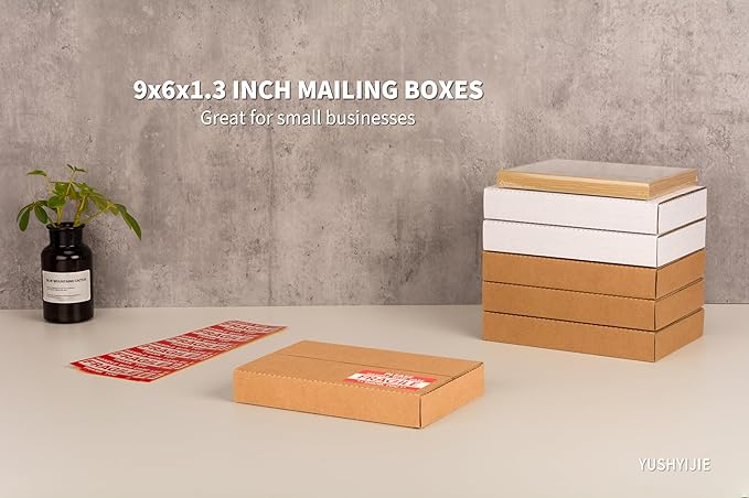 9x6x1.3 inch Small Shipping Boxes, Multi-Depth Flat Cardboard Boxes with Fragile Stickers for DVD Shipping, Packing, Moving, Storage, Brown, 25 Pack