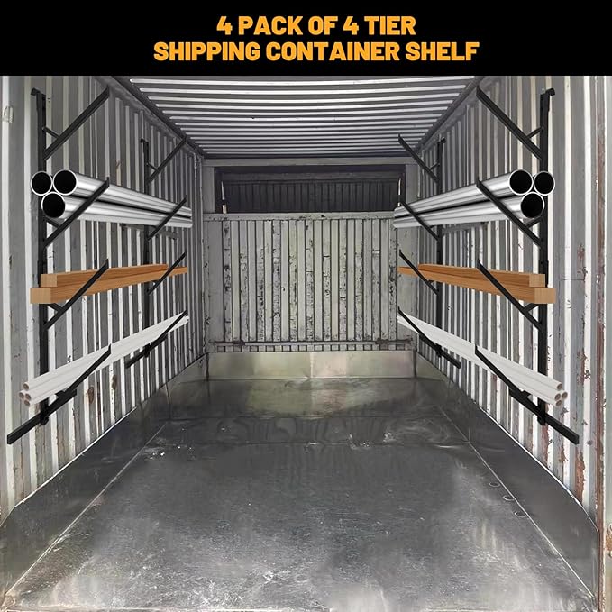 4 Tier Shipping Container Shelf 4 Pack, Heavy Duty Container Shelving Shelf, Hang and Hook Storage Cargo Shelves, Universal Pipe Racks for Shipping Container, 19" L x 64" H