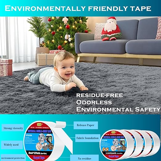 Double Sided Carpet Tape Heavy Duty, 1.2inx22Yards No Residue Rug Tape for Hardwood Floors, Strong Hold Carpet Tape for Area Rugs, Mats, Posters on Tile, Concrete, Metal, Glass