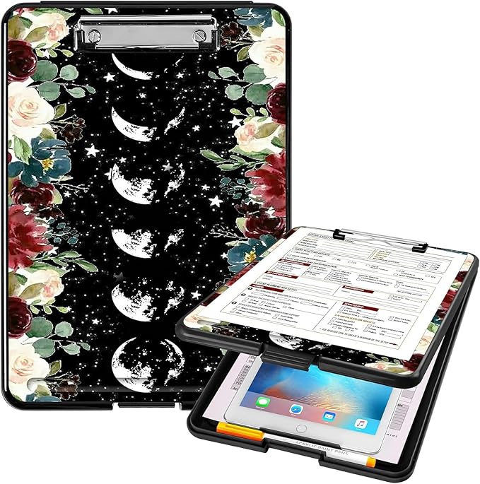 A4 Clipboards,Heavy Duty Waterproof Nursing Plastic Folder Clipboard with Storage Clip Boards,File Folder Storage Box Clipboard Case for Teacher,Doctor,Offices,Moon Wild Floral