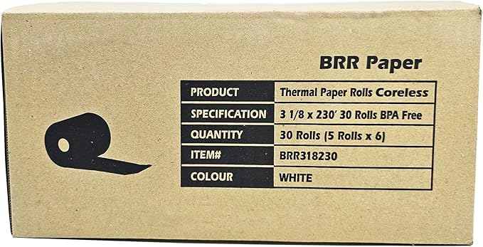 (30 Coreless Rolls - 50 GSM) 3 1/8 x 230 Thermal Paper Receipt Rolls fits all Clover POS Cash Register Printers for TSP500 TSP600 TSP 700 TSP2000 CT S300 from BuyRegisterRolls