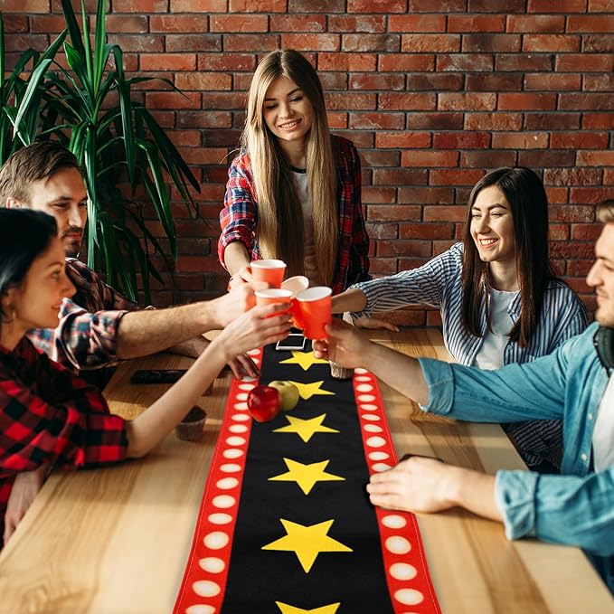 2 Pcs 13 x 72 Inch Movie Night Table Runner with Gold Star Design - Movie Night Black Carpet Decoration for Birthday Party Supplies （Black）