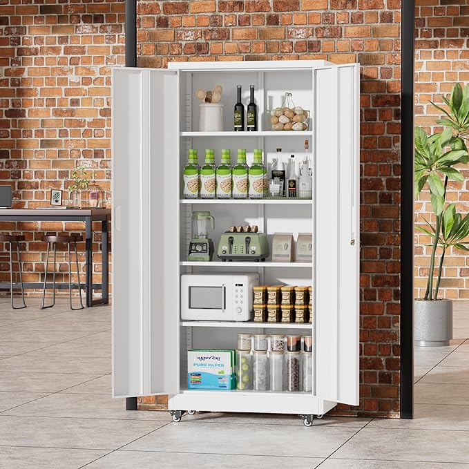 Greenvelly Metal Storage Cabinet with Wheels, 73" H Lockable Rolling Storage Cabinets with Doors and 4 Adjustable Shelves, Large Steel Cabinet for Garage, Office, Home, School (White)