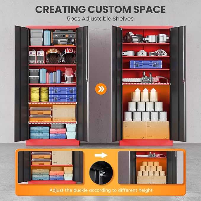 Metal Garage Storage Cabinets with Lock, 72" Tall Tool Cabinet with 2 Door and 5 Adjustable Shelves, Locking Garage Cabinets and Lockable Steel Locker for Home Office Warehouse-(Red Black-72”H)