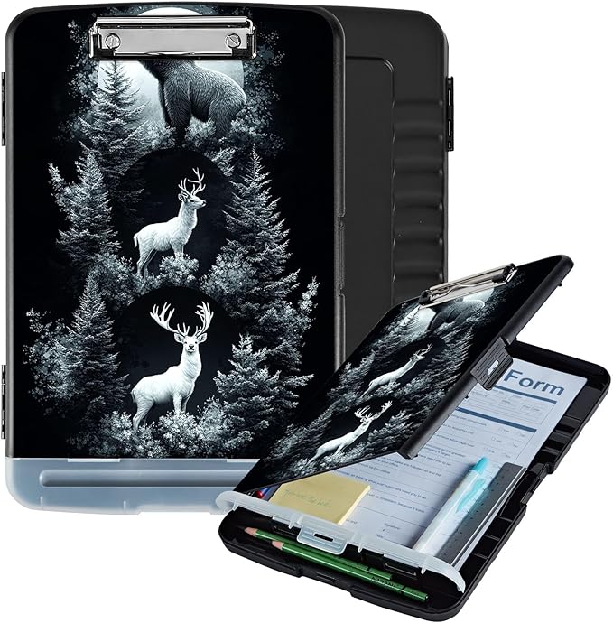 Clipboard with Storage Box & Pen Holder,Heavy Duty Clip Boards 8.5x11 for Nursing,High Capacity,School & Office Supplies,Moon Bear Deer Forest