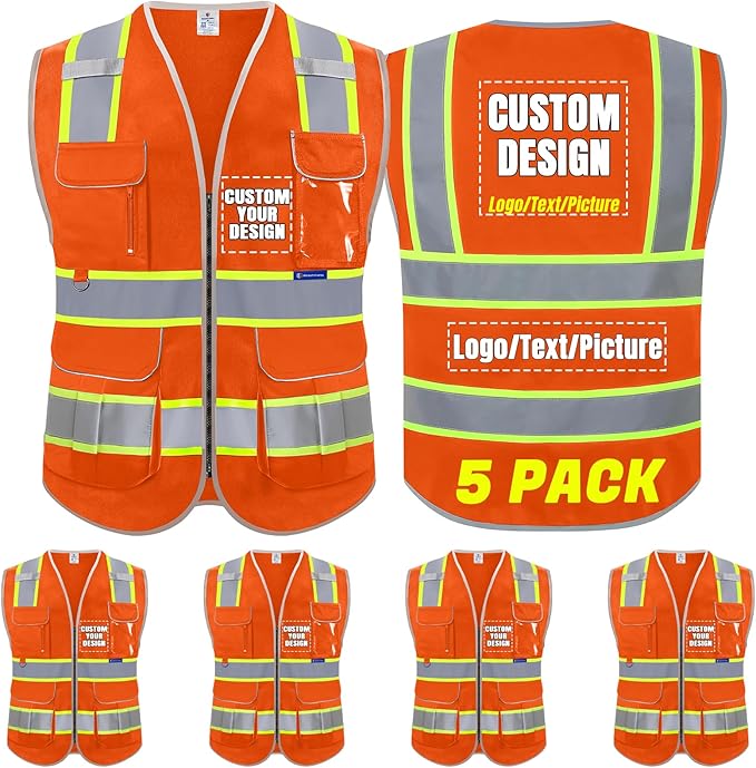 BeautyWill 5Pack Custom Logo Safety Vest 8 Pockets Class2 ANSI Certified High Visibility Reflective Vest for Men - Personalized Logo Heavy-Duty Work Vest（Orange，XL）