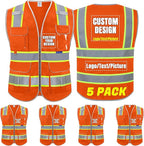 BeautyWill 5Pack Custom Logo Safety Vest 8 Pockets Class2 ANSI Certified High Visibility Reflective Vest for Men - Personalized Logo Heavy-Duty Work Vest（Orange，S）