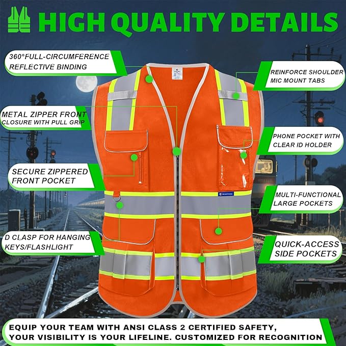 BeautyWill Custom Logo 10 Pockets Safety Vest Class2 ANSI Certified High Visibility Reflective Vest