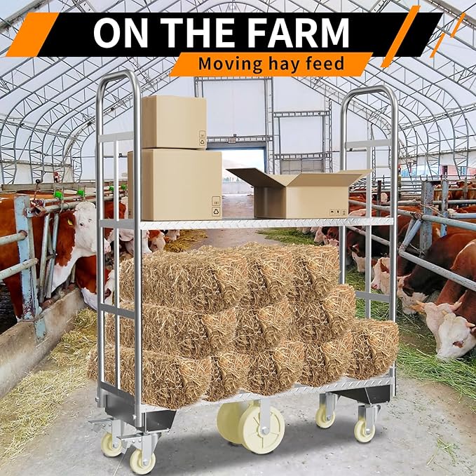 Two Tier U-Boat Platform Truck Cart, 16 x 48Inch Narrow Aisle Flatbed Truck w/6PCS Wheel Caster 2500LBS Weight Capacity Heavy Duty Platform Dolly with Removable Handles for Warehouse, Storage Room