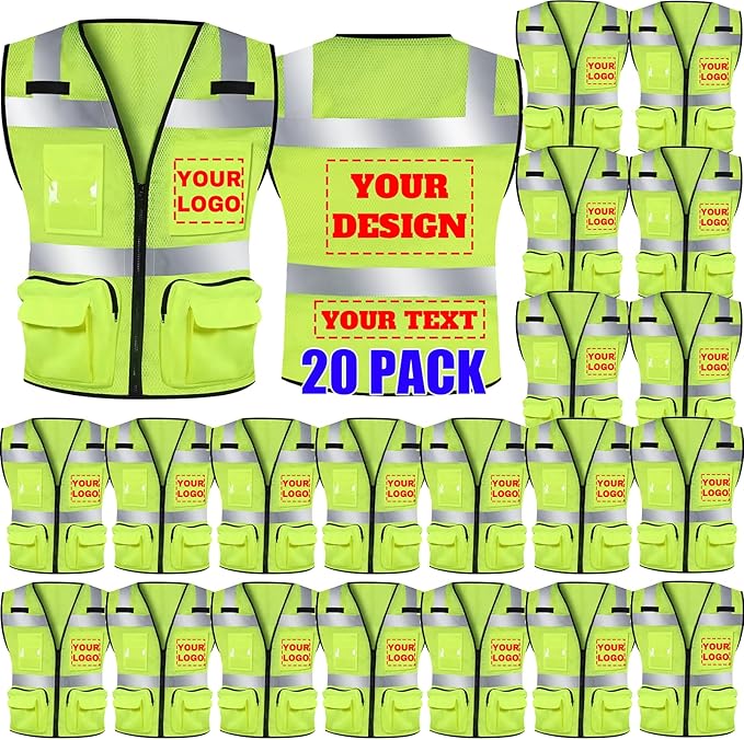 BeautyWill Custom Logo 10/20 Pack Safety Vest Class2 High Visibility Vest with Pockets Breathable Construction Vest Bulk