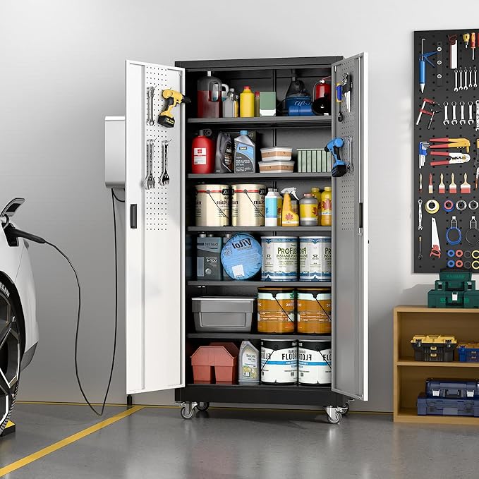 Aobabo Garage Metal Storage Cabinet with Wheels, 71" H×34" W×18" D Locking Steel Storage Cabinet with 5 Shelves and 4 Hooks, for Home Office, School, Assembly Required, Black Silver