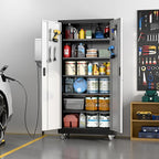 Aobabo Garage Metal Storage Cabinet with Wheels, 71" H×34" W×18" D Locking Steel Storage Cabinet with 5 Shelves and 4 Hooks, for Home Office, School, Assembly Required, Black Silver