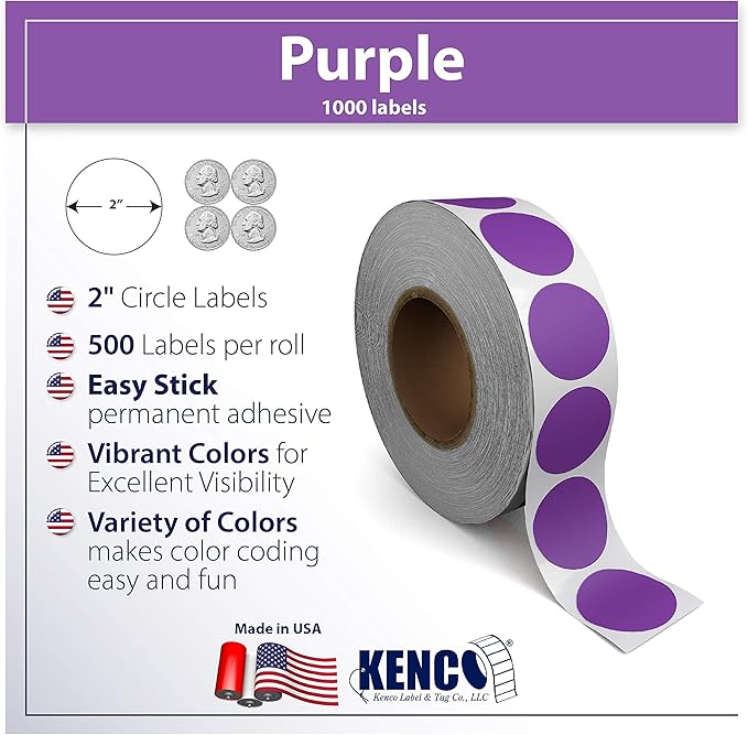 Kenco Color Coding Circle Dot Sticker Labels on a roll (Purple, 2 INCH 500 Stickers)