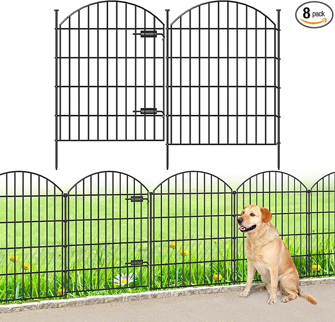 Metal Garden Fence with Gate 36in (H) x 18.7ft (L), 1 Gate+7 Panels Dog Fence Border Fence Animal Barrier, No Dig Garden Fencing for Yard Flower Bed Lawn Patio Outdoor,ECG3508,Black