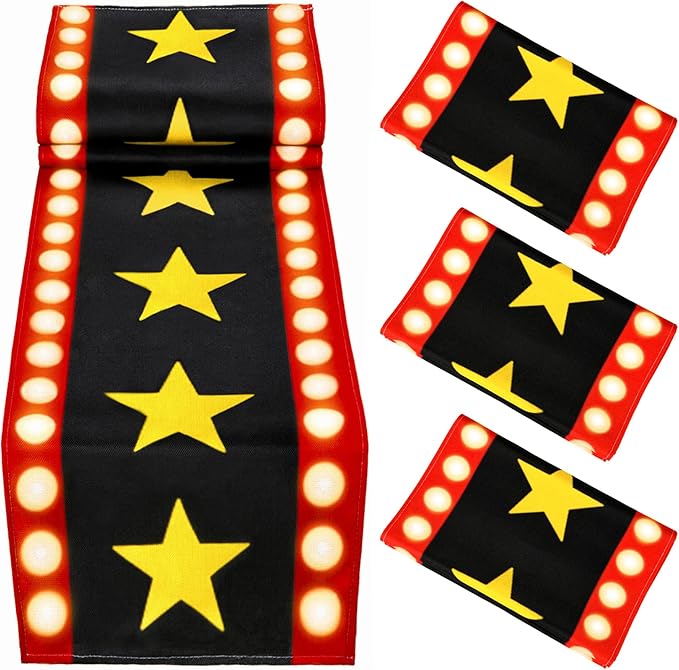 4 Pcs 13 x 72 Inch Movie Night Table Runner with Gold Star Design - Movie Night Black Carpet Decoration for Birthday Party Supplies （Black）