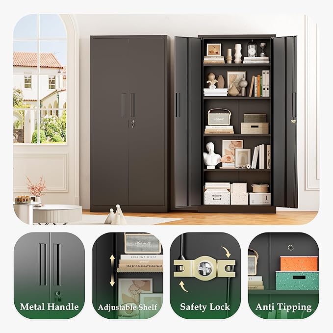 Crownland 63" Metal Storage Cabinet, Lockable Garage Storage Cabinets, High Office Cabinet with Adjustable Shelves for Garage, Home Office, Pantry, File(Black)