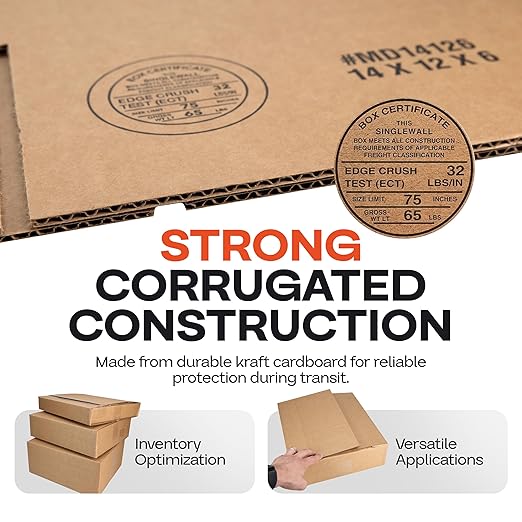 Multi-Depth Corrugated Shipping Boxes, 14"L x 12"W x 6"H, Pack of 5 - USA-Made Boxes for Moving, Storage & Small Business Packaging - Heavy-Duty Cardboard Bines for Household & Office by IDL Packaging