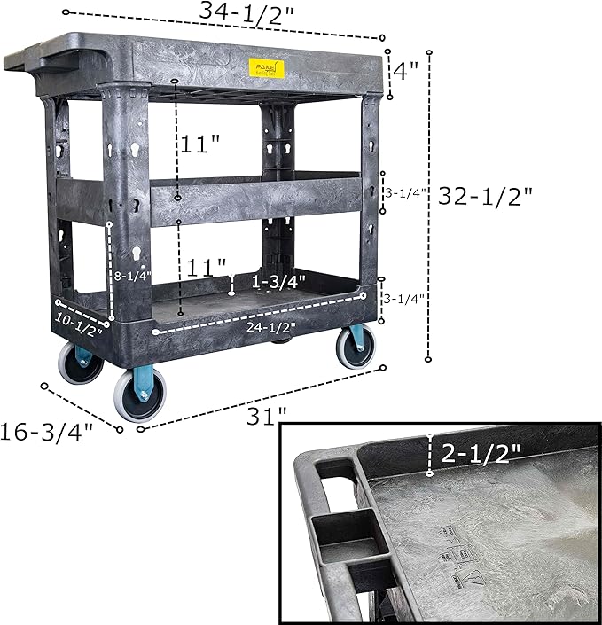 550lb Capacity Heavy Duty Plastic Utility Cart 34-1/2" L x 16-3/4" W with Handle 3 Shelves Pake Handling Tools
