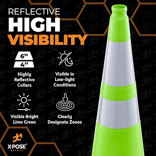 Xpose Safety 36” Lime Green Traffic Cone Dual 6" & 4" Reflective Collar – 48 Pack Multipurpose Premium PVC Safety Cone for Parking, Caution, Construction, Road Crews, Emergency Vehicle -DOT Approved