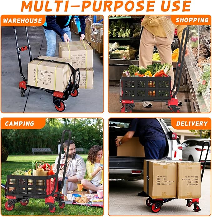 2-in-1 Folding Hand Truck with Folding Basket,Hand Truck with Retractable Handle, 330LBS Capacity Heavy Duty Hand Dolly, Dolly Cart with Wheels for Luggage/Moving/Travel